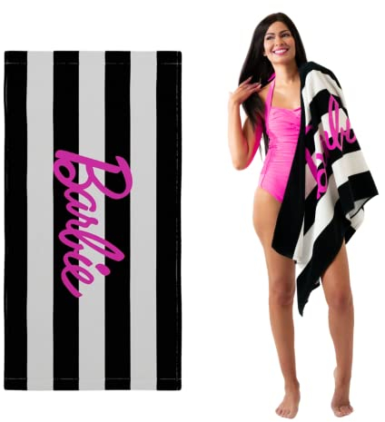 Franco Barbie Barbiecore Badetuch/Strandtuch, Baumwolle, gestreift, 152,4 x 76,2 cm, offizielles Barbie-Lizenzprodukt, Schwarz/Weiß