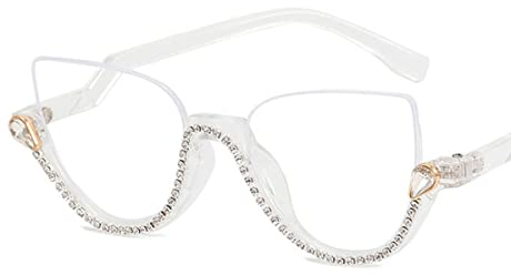 KIASRZN Cat-Eye-Weiß-Diamant-Brille für Frauen, Fashion Sexy Strass Cat Eye Anti-Blau-Brille (White Diamond)