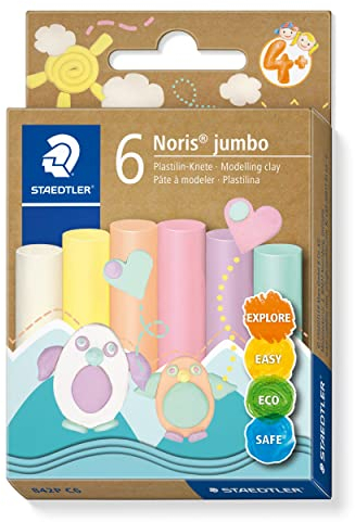 STAEDTLER Pastell Plastilin Knete Noris jumbo, geschmeidig und formstabil, ideal für Schule und Kindergarten, 6 Knetstangen à 16g in sortierten pastell Farben im Kartonetui, 842P C6