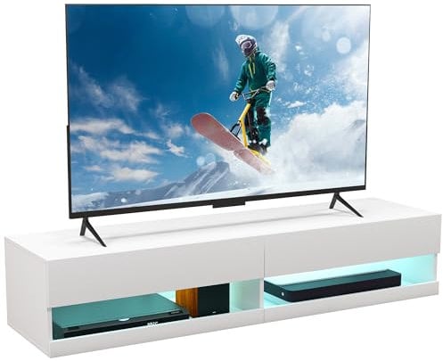 HOMCOM Floating TV Unit, Wall Mounted TV Cabinet for TVs up to 65, High Gloss Media Wall Unit with LED Lights, Storage Shelves for Living Entertainment Room, White