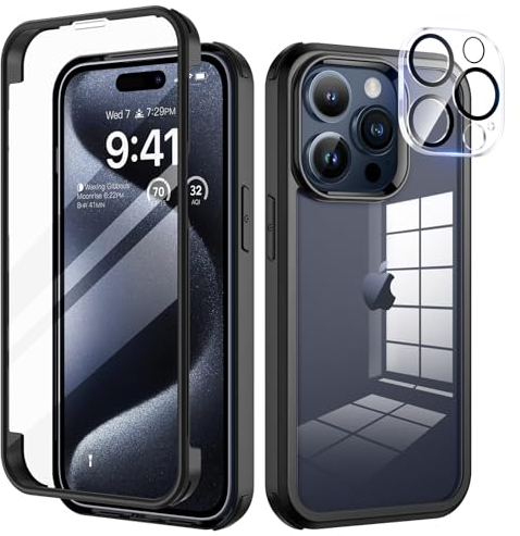 seacosmo Cover per iPhone 15 Pro, Vetro Temperato 9H Integrato per Schermo, Pellicola HD per Protezione Fotocamera, Custodia Rugged 360 Gradi Antiurto, Fronte e Retro Doppia Faccia Case, Nero