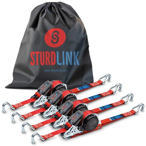 Correas con Trinquete Automático 5m 25mm Ganchos en J LC 350kg / 700kg en U | Enrollador de Correa Automático | Correa de Amarre Retráctil | x4 + Bolsa | Furgoneta Utilitaria Camión SUV | EN 12195-2