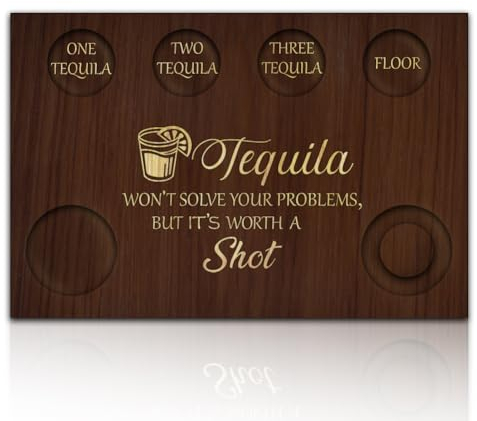 BENECREAT Word Tequila Shot Glasses Serving Tray, Wooden Flight Tray Glass Holder with Salt Rim Lemon Shot Glasses Board for Bar, Restaurant, Party, Family Gathering, Brown, 20x30cm