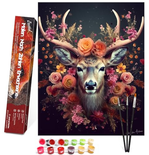 Bougimal Peinture par Numéros Animaux adultes Sans Cadre rigide avec pinceaux et peinture acrylique - 40 x 50 cm, Fleur et cerf 1