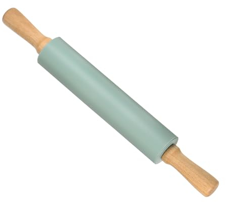 CoCud Silicone Rolling Pins, 17 Length, Silicone & Oak Non-Stick Ergonomic Wooden Handle Fondant Dough Roller Dark Green - (Applications: for Baking DIY Projects)