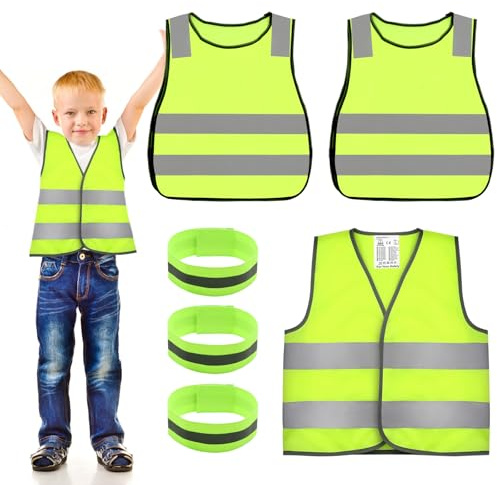 VEGCOO 6pcs Kids Hi Vis Vests and Wrist, Childrens High Visibility Reflective Safety Vest Waistcoat High Vis Jacket with Reflective Strips for Kids Outdoor, Universal Size