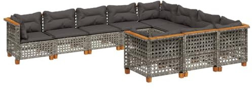vidaXL Garten Sofa Garnitur 10-TLG., Gartenmöbel Set mit Kissen, Sitzgruppe für Garten Terrasse, Sitzgarnitur Lounge Modular, Grau Poly Rattan