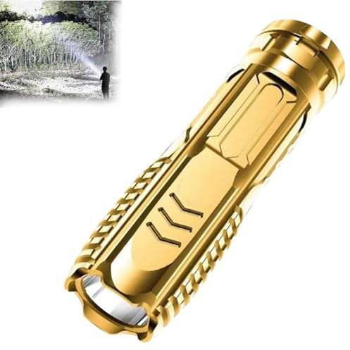 Linterna recargable de tecnología de Alemania, mini linterna LED súper fuerte, linterna de luz fuerte para acampar al aire libre, linterna impermeable con largo alcance de iluminación (Oro)