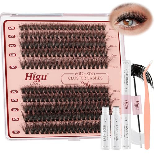 Higu clace DIY-Wimpern-Extensions-Set, 200Pcs 60D+80D Wimpern-Einzeln-Set, Wimpern Extensions Set 7 tage halt mit Applikator und Wimpernkleber und Versiegelung