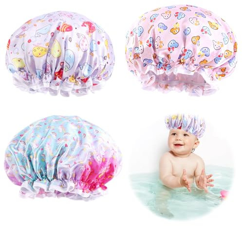 Unicorn Dolphin Elastic Bath Cap for Kids Reusable Double Layer Childs Waterproof Shower Hat Elastic Bath Caps for Kids Double layer Children Shower Caps Reusable Childs Shower Hats 3 PCS