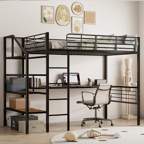 Cama alta de 90 x 200 cm, cuna con escritorio, escalera para almacenamiento, estilo minimalista, marco de hierro, color negro