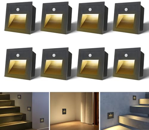 Arotelicht 8er 3W LED Treppenlicht mit Bewegungsmelder 3000K IP44 Wandeinbaustrahler Stufenlicht Lampe, LED Einbaustrahler innen, schwarz, Alu, 230V, Body Sensor, Nicht die Standardgröße 60mm
