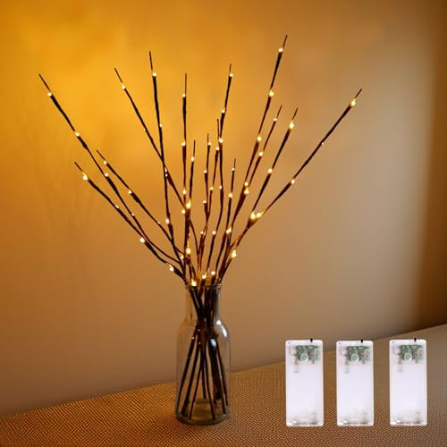 3PCS LED Lighted Branches Lights with Timer Battery Operated, 30 INCH Artificial Willow Brown Branches with Warm White Fairy Lights Vase Decorative Sticks for Home Christmas Party Holiday Home Decor