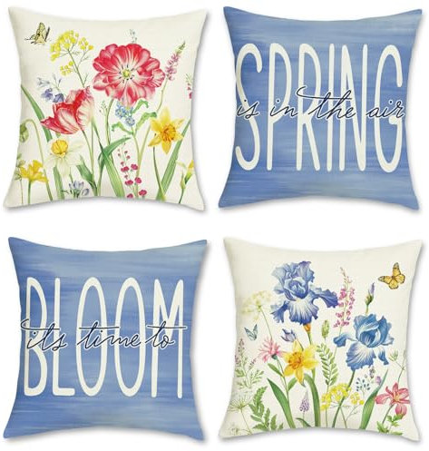 Bonhause 4er Set Kissenbezüge Frühling Blumen 45 x 45 cm Blume Lila Polyester Leinen Dekorative Kissenhülle Zierkissenbezüge für Sofa Schlafzimmer Zuhause Garten Dekoration
