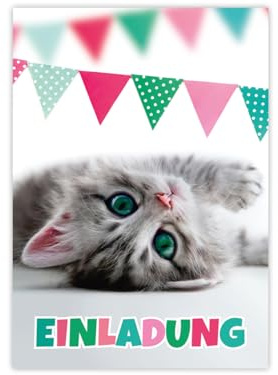 Minkocards 12 Einladungskarten zum Kindergeburtstag Mädchen Jungen Katze coole bunte Einladungen Geburtstag Kinder Mädchengeburtstag Jungsgeburtstag