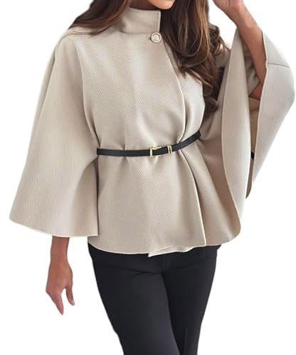 Bauzuoyo Damen Umhang Elegant Winter Poncho mit Fledermausärmeln und Gürtel Einfarbig Rollkragen Poncho mit Knopfleiste Kurz Wollmantel Locker Mode Freizeit Outdoor-Wärmeschal Tuniken
