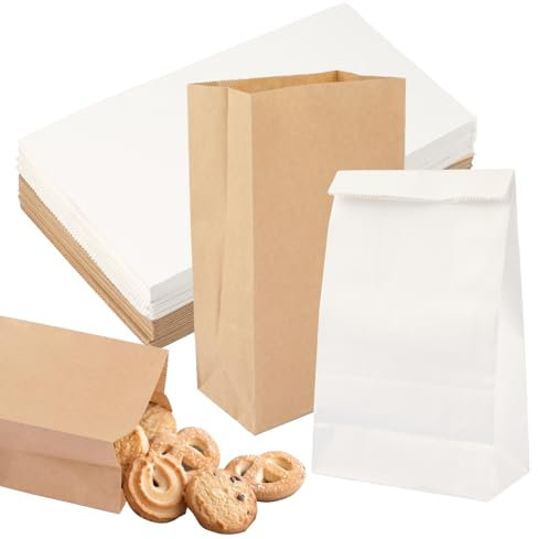 50 Papiertüten Klein, 21x12x7cm Braune Weiß Papier Tüten zum befüllen, Mitgebsel Kraftpapier Geschenktüten, weißSüßigkeiten Beutelfür Kindergeburtstag Frühstücks Keksen,