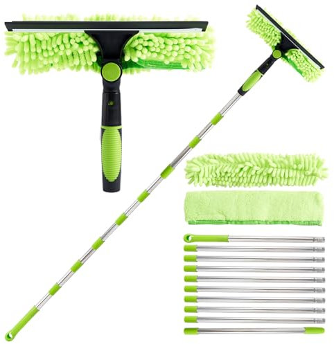 Window Squeegee Cleaning Equipment 4.5M 3-IN-1 Extendable Professional Window Squeegee Cleaner Cleaning Kit Extra Long for Glass, Car Windshield, Mirror, Shower Door Green