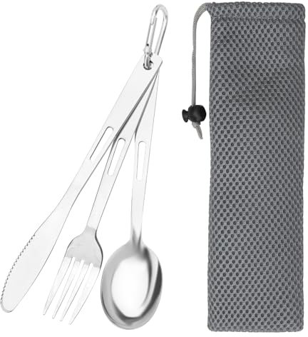 3 piezas Juego de Cubiertos Acero Inoxidable para Llevar al Trabajo, cubiertos camping Set, Bolsa para Cubiertos, Portátil Cubiertos, de Viaje Tenedores Cuchara Cuchillos