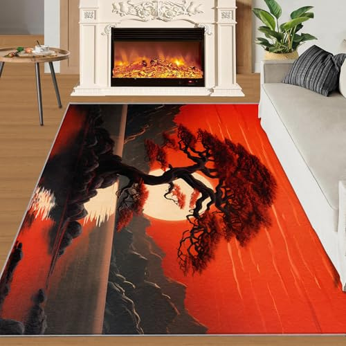 HYGIUID Japanische Zen-Landschaftsteppich, Wohnzimmer, groß, 160 x 230 cm, östliche ästhetische Bereiche, Teppiche für Schlafzimmer, Sonnenuntergang, Ruhe, Baum, Bodenmatte, fusselfrei, für