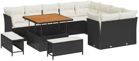 vidaXL 5-teiliges modulares Garten-Sofa-Set mit cremefarbenen Kissen, schwarzem Poly-Rattan, Möbel für Balkon und Terrasse, Coole Akazienholz-Sitze, Sofas und Stühle