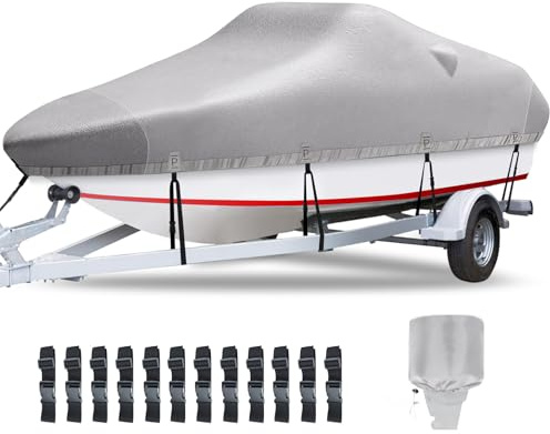 Plscoverit Bootsabdeckung, 7–7,3 m, 1200D Oxford, wasserdicht, trailerbar, UV-beständig, mit Motorabdeckung, passend für V-Rumpf, Tri-Hull Fish & Ski Boot, Runabout, Bassboot (Grau)