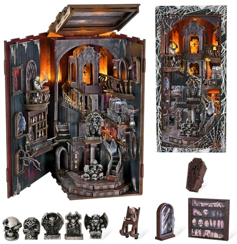 MiniCity Geistervilla Book Nook Kit, 3D-Holzmodell fürs Bücherregal | Geistervilla zum Selberbauen: 390 Teile, LED, Staubschutz, Kleber und Montagewerkzeug; DIY-Projekt 8–10 Std., ab 14 Jahren.