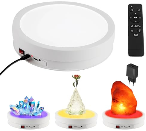 JOJOCY Drehbarer Präsentationsständer, 22 cm, mit 6-farbigem LED-Licht, 20 kg Traglast, elektrische Fotografie-Plattenspieler-Plattform, 360 Grad für Schmuck, Glas, Kristall, kugelförmige Kunstwerke