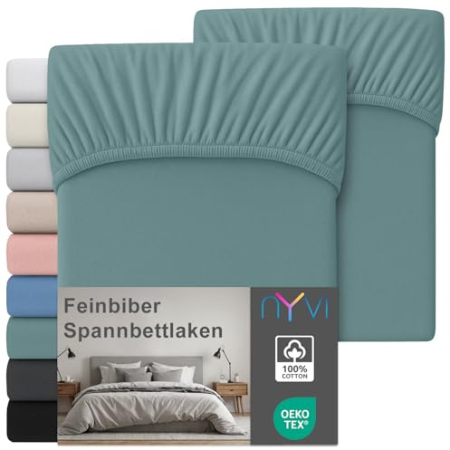 NYVI Feinbiber Spannbettlaken Deluxe für Matratzen bis 25 cm Steghöhe - Extra Warm & Weich, 100% Baumwolle, Bügelfrei, Vorgekrumpft - 90x200 cm (2er Set) Lindgrün