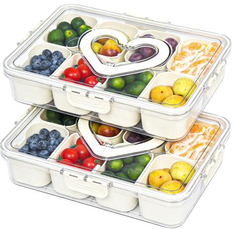 Newthinking Plastic Snack Box with 8 Compartments Tray and Lid, 2 Pack | 8 Removable Compartments, Portable, Plastic Divided Snack Tray with Lid, Charcuterie, Candy, Fruits, Snacks, Nuts, 30x20x7cm