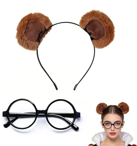 LEIIERUY Serre-Tête Oreilles d’Ours avec Lunettes Noires – Ensemble Cosplay Peluche Marron pour Halloween, Carnaval, Noël, Fêtes Déguisées