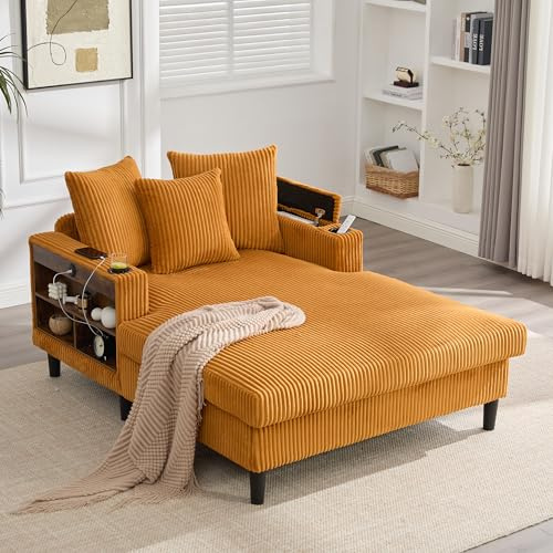 Cord-Lounge mit Chaiselongue, multifunktionale Lounge mit großer Liegefläche, beidseitige Getränkehalter, LED-Beleuchtung, USB-Ladeport, Seitentasche, Stauraum, stabile Kunststofffüße, Senfgelb