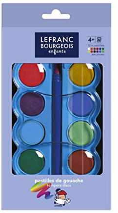 Lefranc Bourgeois - Pastilles de gouache pour enfants - Boîte de 12 pastilles 30mm + 1 pinceau