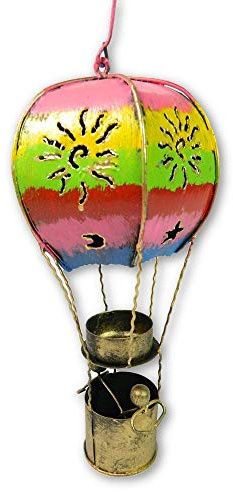 Hot Air Balloon Hanging Metal Ornament Tea Light/Candle Holder - Multicoloured, 25cm with Sturdy Hook - Detailed Ballon & Basket Design - Unique, Handmade Candle Holders - Garden & Home Decoration