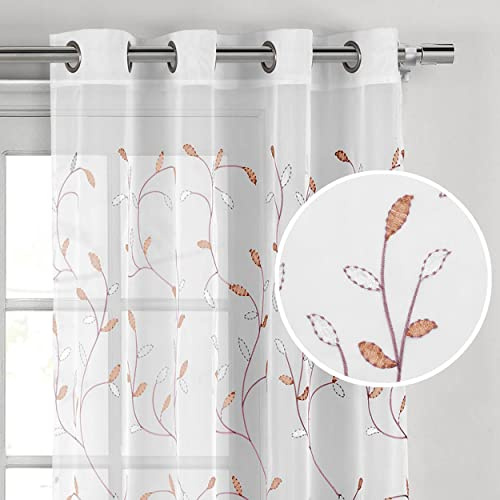 Creative Home Ideas Wavy Leaves, Embroidered Window Curtain with Grommets, Extra Wide Single Panel, 100% Polyester, Light Filtering, Sheer, Modern Drapes, 54 x 84, Coral