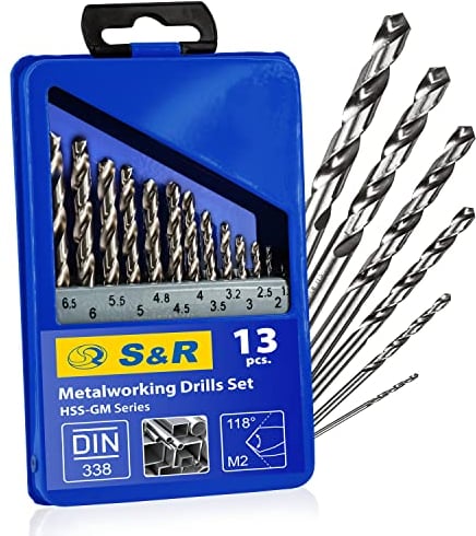 S&R Juego 13 Brocas para Metal Hierro Acero HSS 1-6,5 mm, 118 °, serie GM DIN 338, HSS - acero metal, de calidad profesional