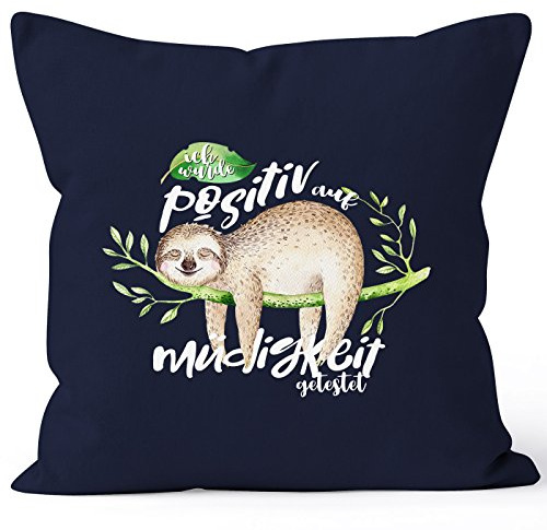 MoonWorks Kissenbezug Faultier Faultier Ich wurde positiv auf Müdigkeit getestet Sloth Kissen-Hülle Deko-Kissen 40x40 Baumwolle Navy 40cm x 40cm