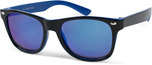 styleBREAKER Kinder Sonnenbrille Retro Nerd Design mit verspiegelten Gläsern | UV400 Schutz | Kunststoffrahmen | für Kleinkinder 18 Monate bis 4 Jahre, Gestell Schwarz-Blau/Glas Blau verspiegelt