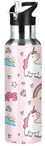 RELEESSS Bouteille d'eau isotherme en acier inoxydable Motif licorne arc-en-ciel 600 ml