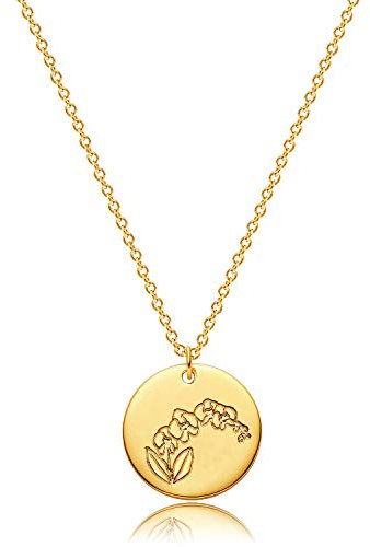 Mevecco Birth Flower Necklace 18k Gold Engraved Custom Floral Pendant Necklaces Dainty Birth Month Flower Disc Charm Violet Flower Disk Necklace Personalized Jewelry Birthday Gift for Her