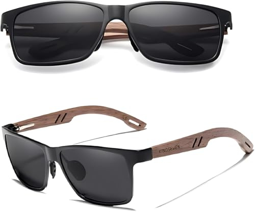 KINGSEVEN Lunettes de soleil en bois pour homme et femme - Unisexe - Fabriquées à la main - Avec branches en bois de noyer - Protection UV400 - Verres miroir tendance - Noir, Orange