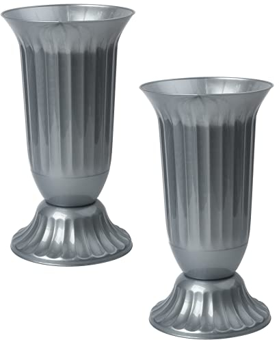 2X Außen Vase für Garten oder Grab in runder Form sehr robustem Kunststoff mit abnehmbarem Stad-Fuß Grau