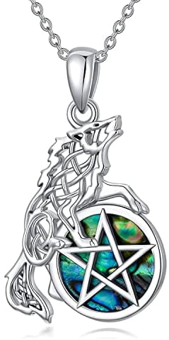 enjoylifecreative Keltischer Wolf Anhänger Halskette 925 Sterling Silber Abalone Muschel Pentagramm Halskette Wolf Keltischer Knoten Schmuck Geschenke für Frauen Mädchen Männer