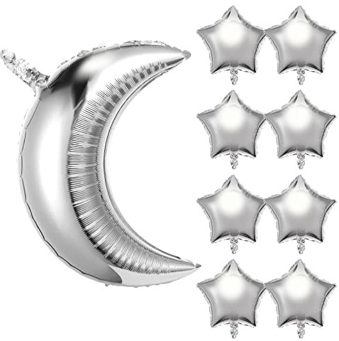 Prasacco 9PCS Silver Moon Star Shape Balloons Foil Mylar Balloons Celebrations for Baby Shower Bar Theme Valentines Engagement Wedding Decors Anniversary Birthday Decorations Party Supplies