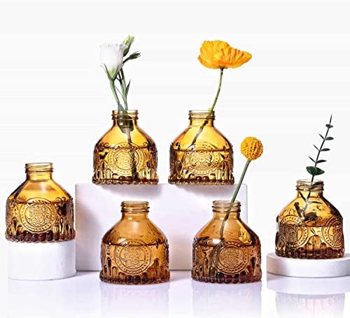 Eidoct Glass Bud Vases Set of 6, Small Bottles for Floral Arrangements, Rustic Decorative Vases for Centerpiece Home Living Room Office Decoration or Wedding Event (Brown D)