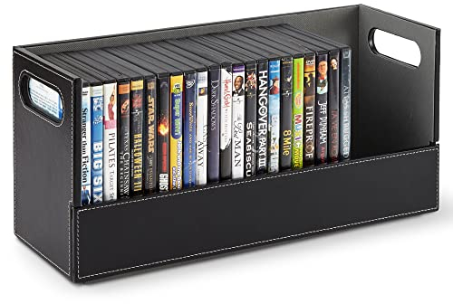 Stock Your Home DVD Storage Box, Movie Shelf Organizer for Blu-Ray, Video Game Cases, CDs, VHS Tape Display Stand, Disc Holder Can Store Up to 28 DVDs, Faux Leather (Black)