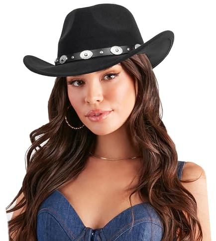 Klassischer Western-Cowboyhut für Damen und Herren, aufrollbar, breite Krempe, Filz, Fedora-Hüte, Cowgirl-Hut mit Gürtelschnalle (M-L), Schwarz, Medium