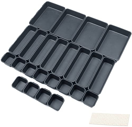 Organizer per Cassetti Cucina Bagno Divisori Cassetti 24 Pcs Organizzatore per Organizzazione Scrivania Contenitori per Trucchi in Plastica con 40 Cuscinetti in Silicone Antiscivolo (Nero)