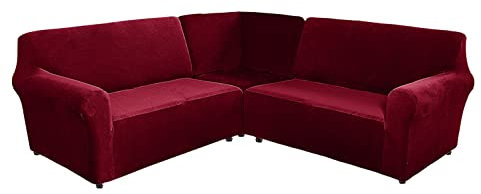 YOPOIY Velvet Sofabezug Ecksofa, 3 Stück Sofabezug l Form Stretch 5 Sitz Couchbezug Weich Waschbar Möbel Protector für 5 Sitzer Sofa -rot-Einheitsgröße