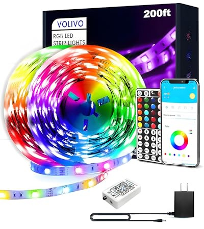 VOLIVO LED Strip Lights for Bedroom 200ft, Smart Bluetooth RGB Light Strips with App Control & Music Sync, Color Changing LED Lights for Room, Home, Party Decor